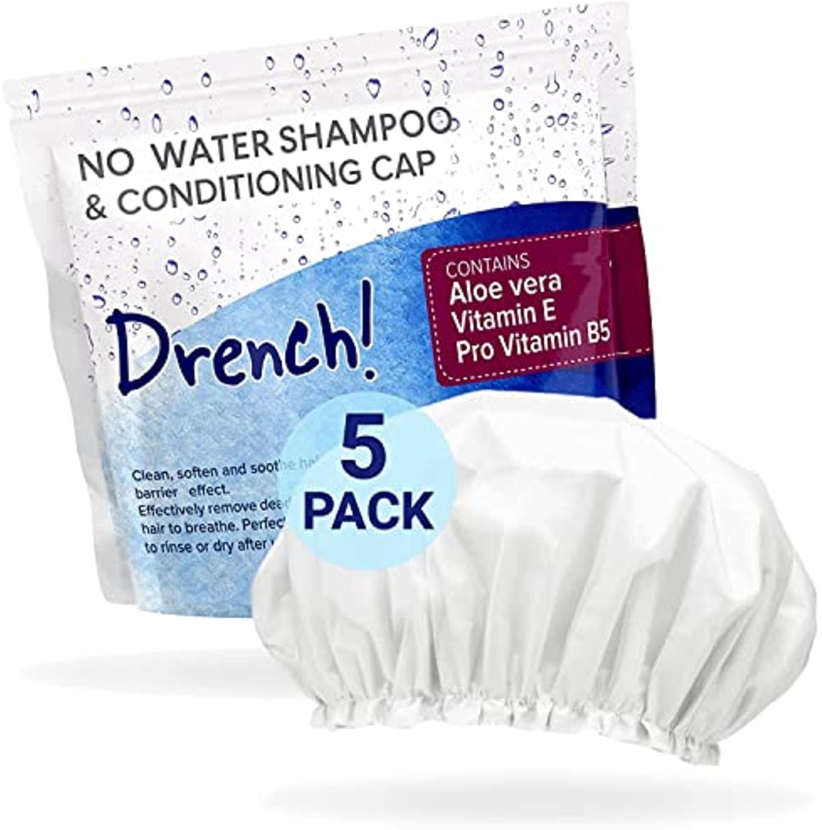 Drench No Water Rinse Free Shampoo Caps [5-Pack] - Waterless Shampoo and Conditioner - Dry Hair Wash Caps for Elderly or Bedridden - Contains Aloe Vera, Vitamin E and Provitamin B5