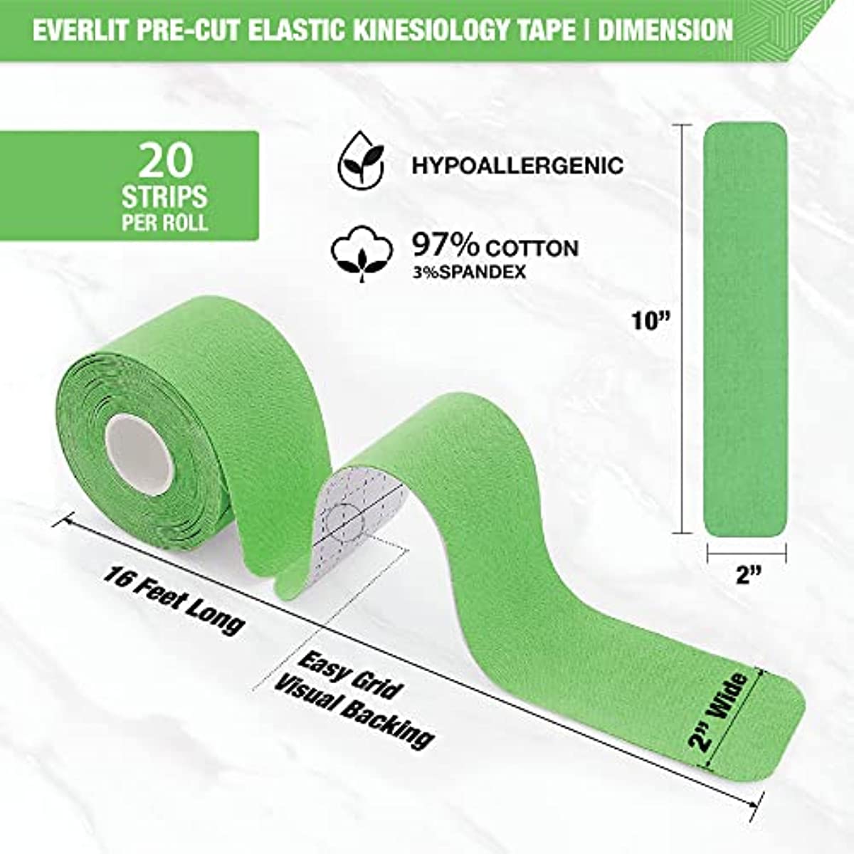 EVERLIT [Single] Pre-Cut Elastic Cotton Kinesiology Therapeutic Athletic Sports Tape, for Pain Relief and Support, 20 Precut 10” Strips (Lime Green)