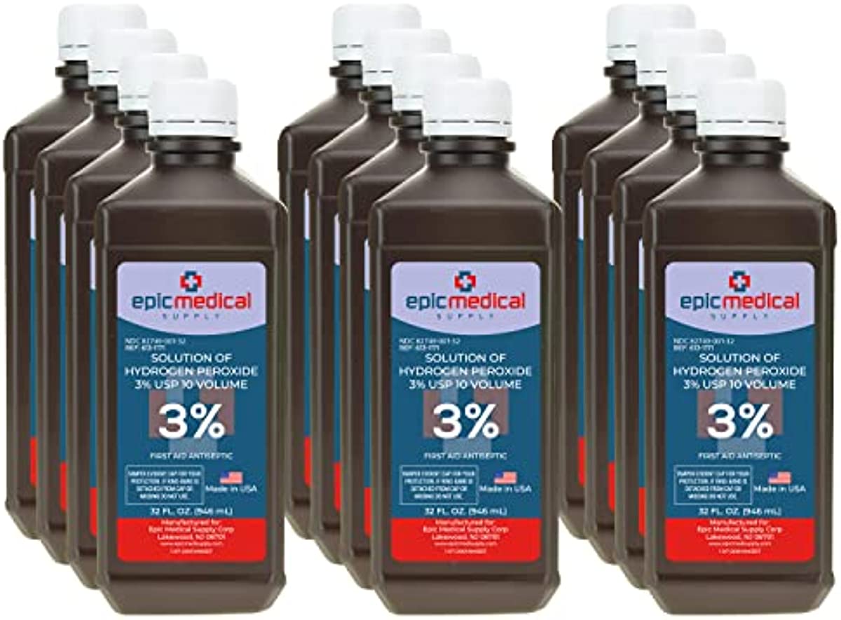 Epic Medical Supply Hydrogen Peroxide 32 oz. First Aid Antiseptic and Multipurpose Cleaner, 3{656b0da07af781f8d2ff4ec193a8956adcad5c0b966c6b5be6f6742c7ea73d42} USP, Topical Wash for Minor Cuts, Scrapes, Insect Bites, and Skin Irritations. (12)
