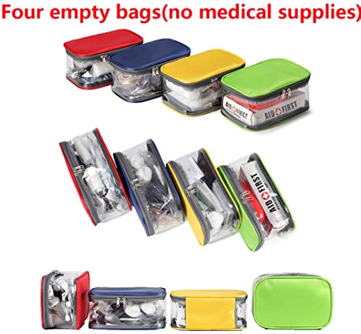 First Aid Color Coded Pouches Medical Case Empty Small for EMT EMS Red for Dressing Green for Vitals Oxygen Airway Blue for Trauma Yellow for Slits Bumps Four Bag Separate Medic Supplies Transparent