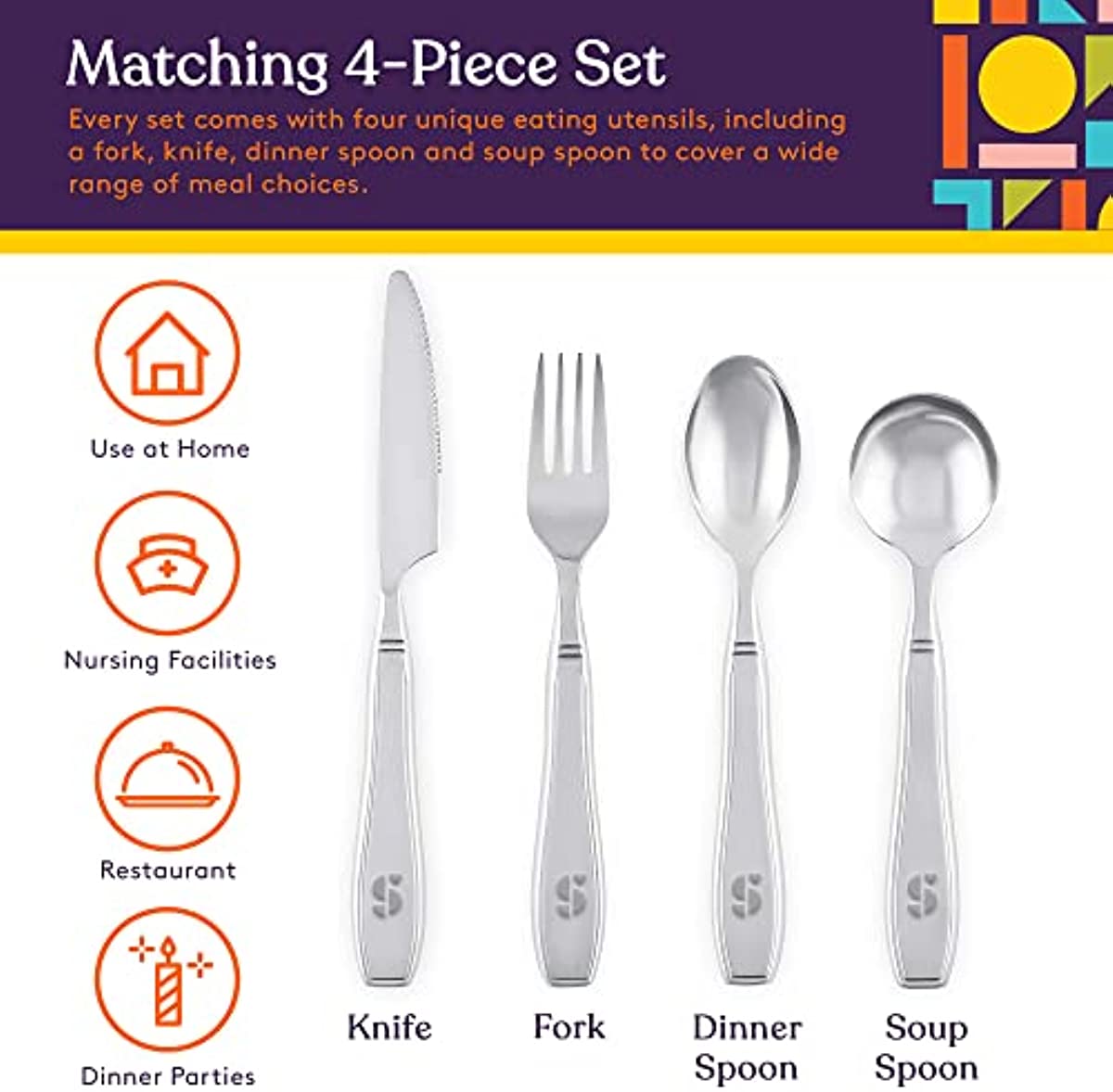 Special Supplies Adaptive Utensils (4-Piece Premium Stainless Steel) Wide, 7oz. Each Heavy Weighted, Non-Slip Handles for Hand Tremors, Arthritis, Parkinson’s or Elderly Use, Knife, Fork, Spoons