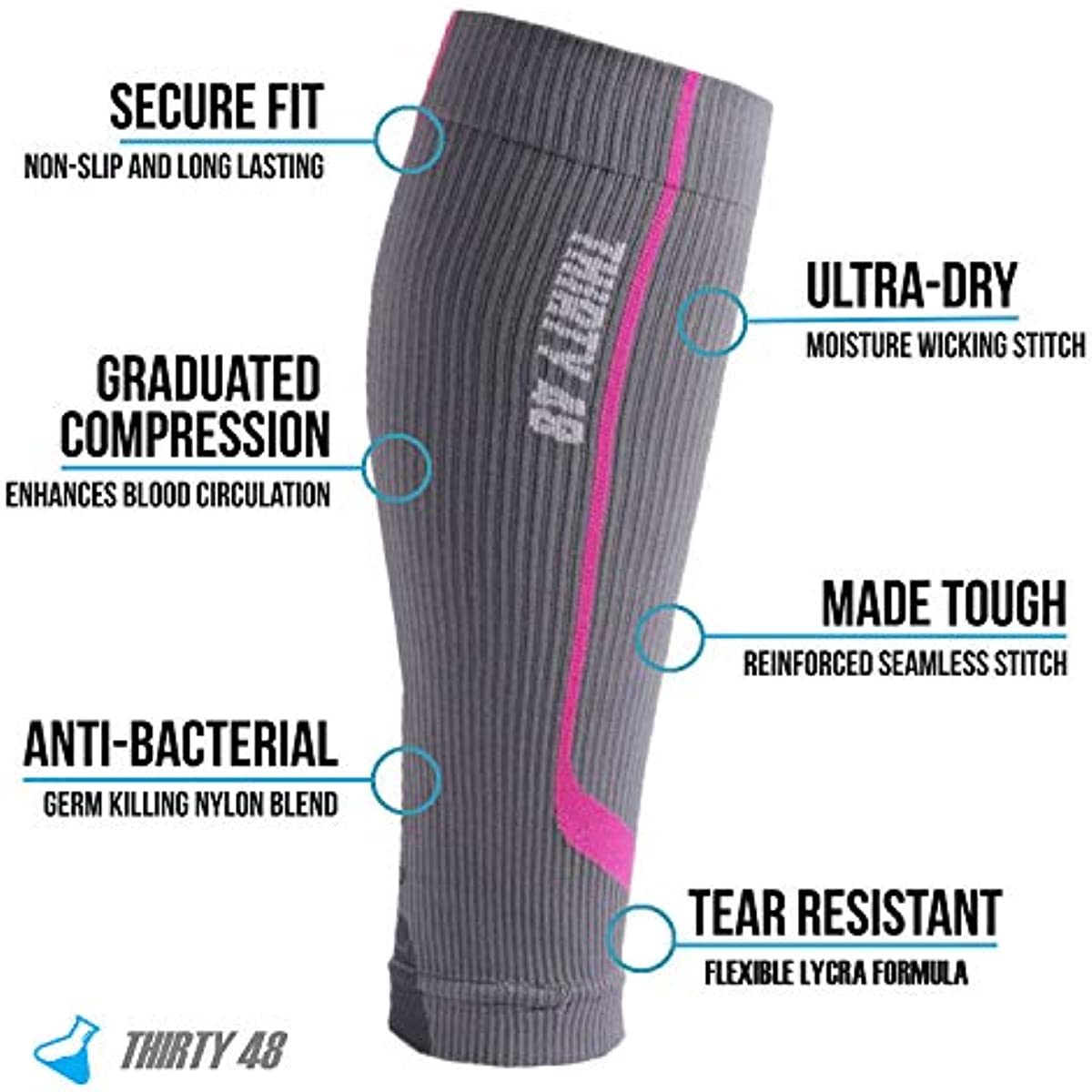 Graduated Compression Sleeves by Thirty48 Cp Series, Calf/Shin Splint Guard Sock; 1 Pair; Maximize Faster Recovery by Increasing Oxygen to Muscles; Great for Running, Cycling, Walking, Basketball, Football Soccer, Cross Fit, Travel; Money Back Guarantee Gray/Pink Small