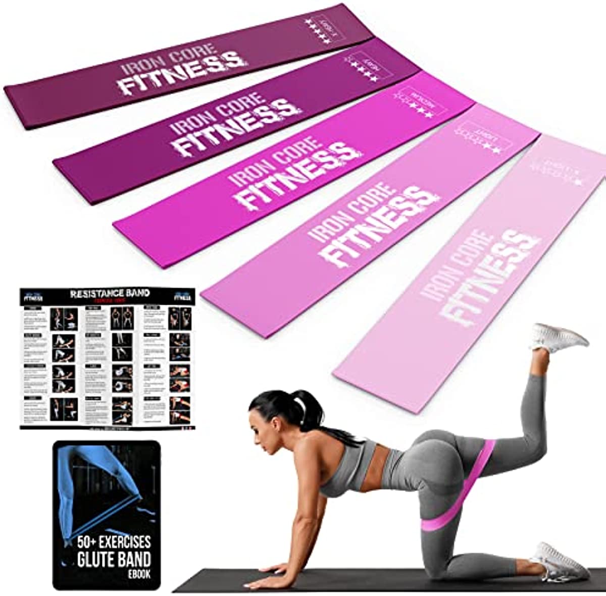 Mini Loop Resistance Bands Set of 5 Workout Bands for Men and Women in Unique Colours- Ebook and Chart Included by Iron Core Fitness (Pink Blush Pallette)