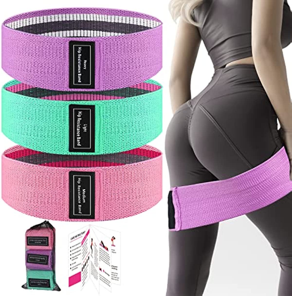 CHEANDEUL Resistance Band Fabric Exercise Bands, [Non Slip & Rolling] Resistance Bands, 3 Set Levels Workout Bands Booty Bands for Hip Butt Thigh Squat Fitness Stretch, Bandas Resistencia Pink