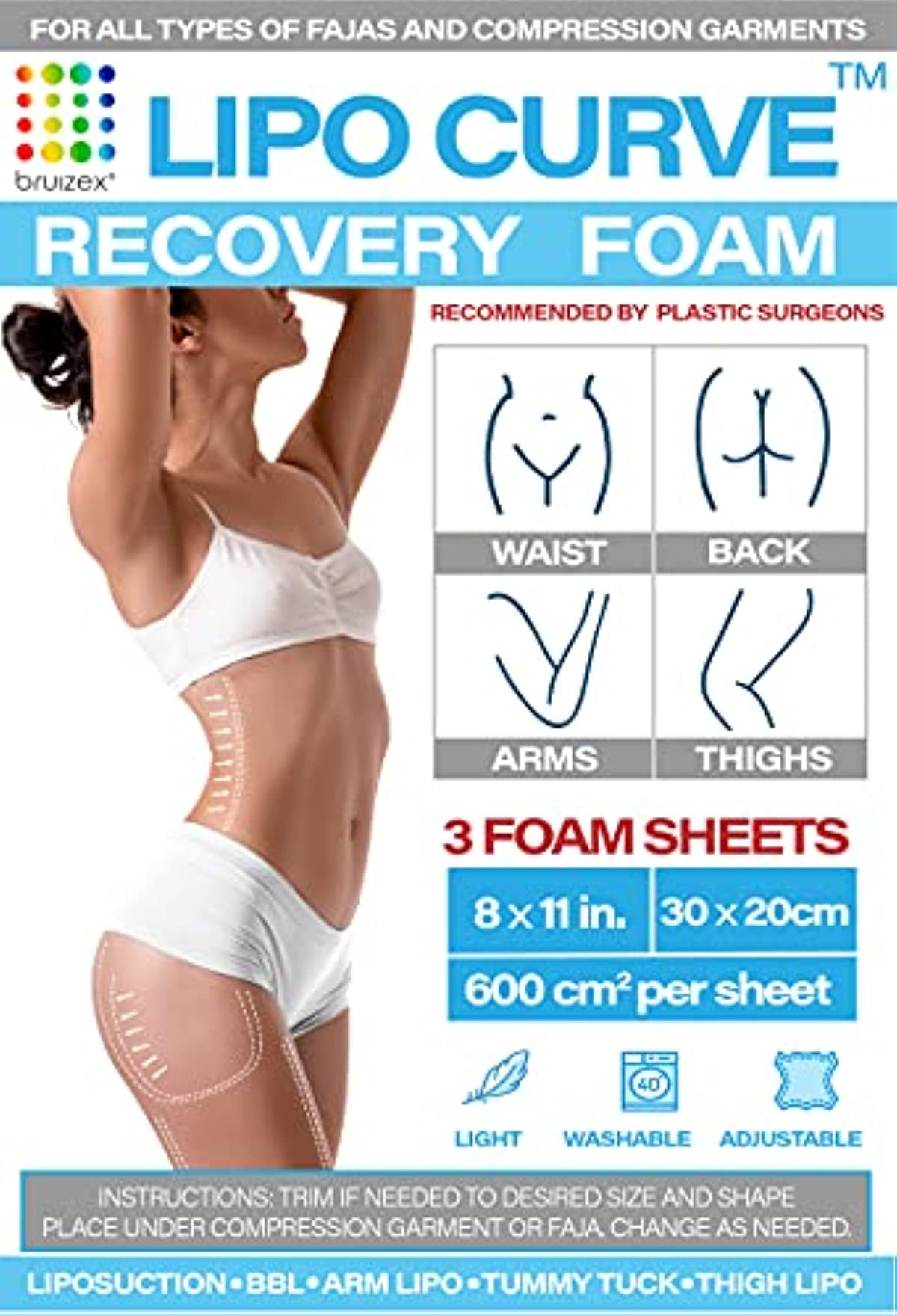 LIPO FOAM : Liposuction recovery soft pads I 3 pack post surgery sheets I For all types of compression garments, faja, abdominal boards, wrap, BBL pillow, 360 lipo, BBL, tummy tuck I Bruizex