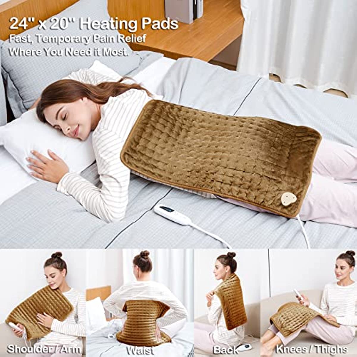 Electric Heating Pads 24\" x 20\",with 6 Temperature Levels,with 4 Kinds of time Automatic Shutdown,Fast-Heating Technology for Waist/Abdomen/Neck Pain and Cramps Relief(Brown)