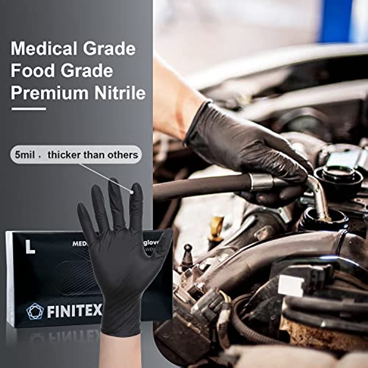 FINITEX - Black Nitrile Disposable Gloves, 5mil, Powder-free, Medical Exam Gloves Latex-Free 100 PCS For Cleaning Food Gloves (Large)
