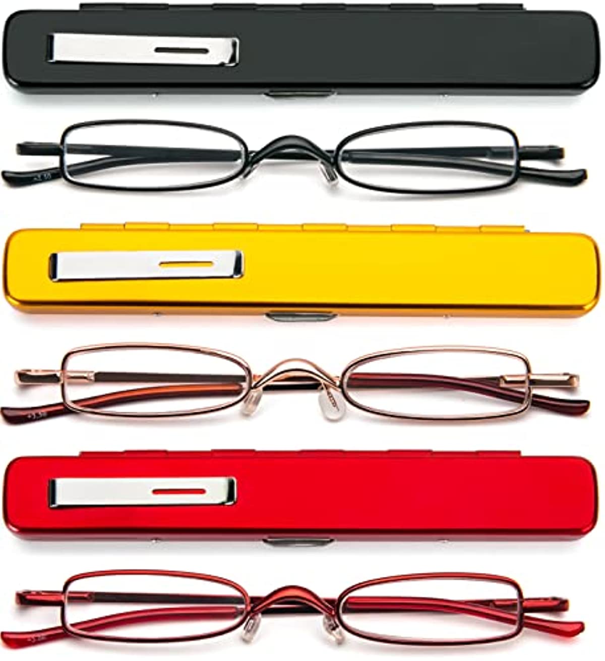 REAVEE 3 Pack Pocket Small Reading Glasses for Women Men Metal Ultra Slim Portable Readers with Pen Clip Case Spring Hinge, Black Red Gold +1.5