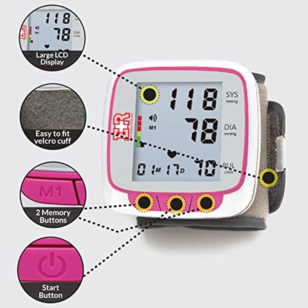 Ever Ready First Aid Fully Automatic Blood Pressure Wrist Cuff Watch Wearable Monitor - Pink- Batteries Included