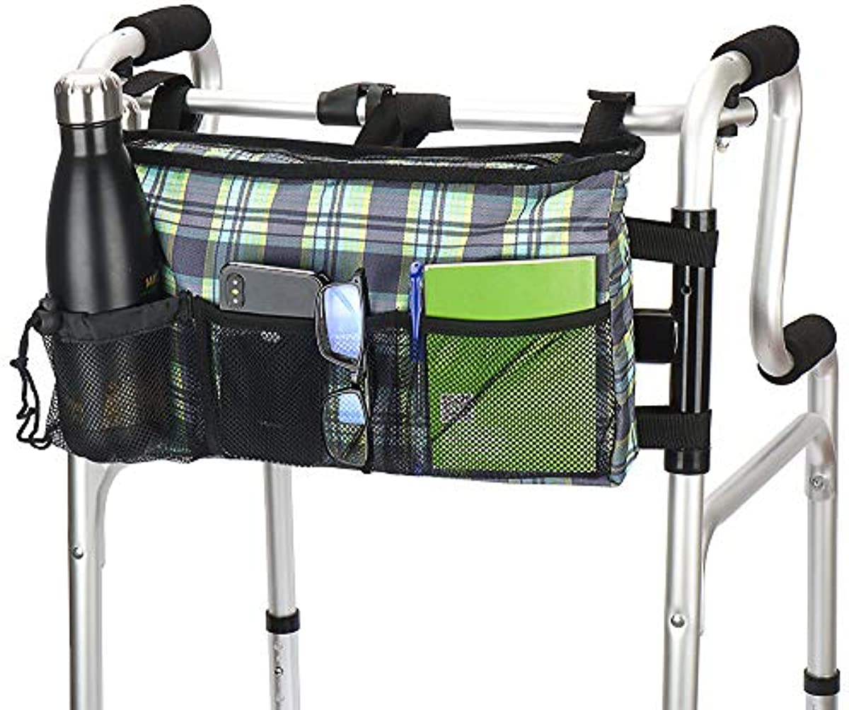 Walker Bag - Water Resistant Pouch Basket Tote Walker Organizer with 6 Pockets for Rollator and Folding Walker, Wheelchairs,Bariatric Walkers (Plaid Blue)