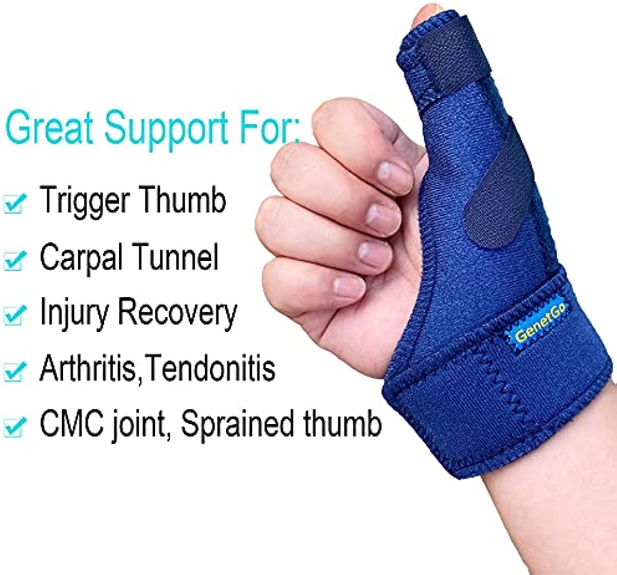 GenetGo Trigger Thumb Splints - Thumb Spica Support Brace Stabilizer for Carpal Tunnel, Arthritis, Sprains, Strains, Pain Relief - Left or Right Hand