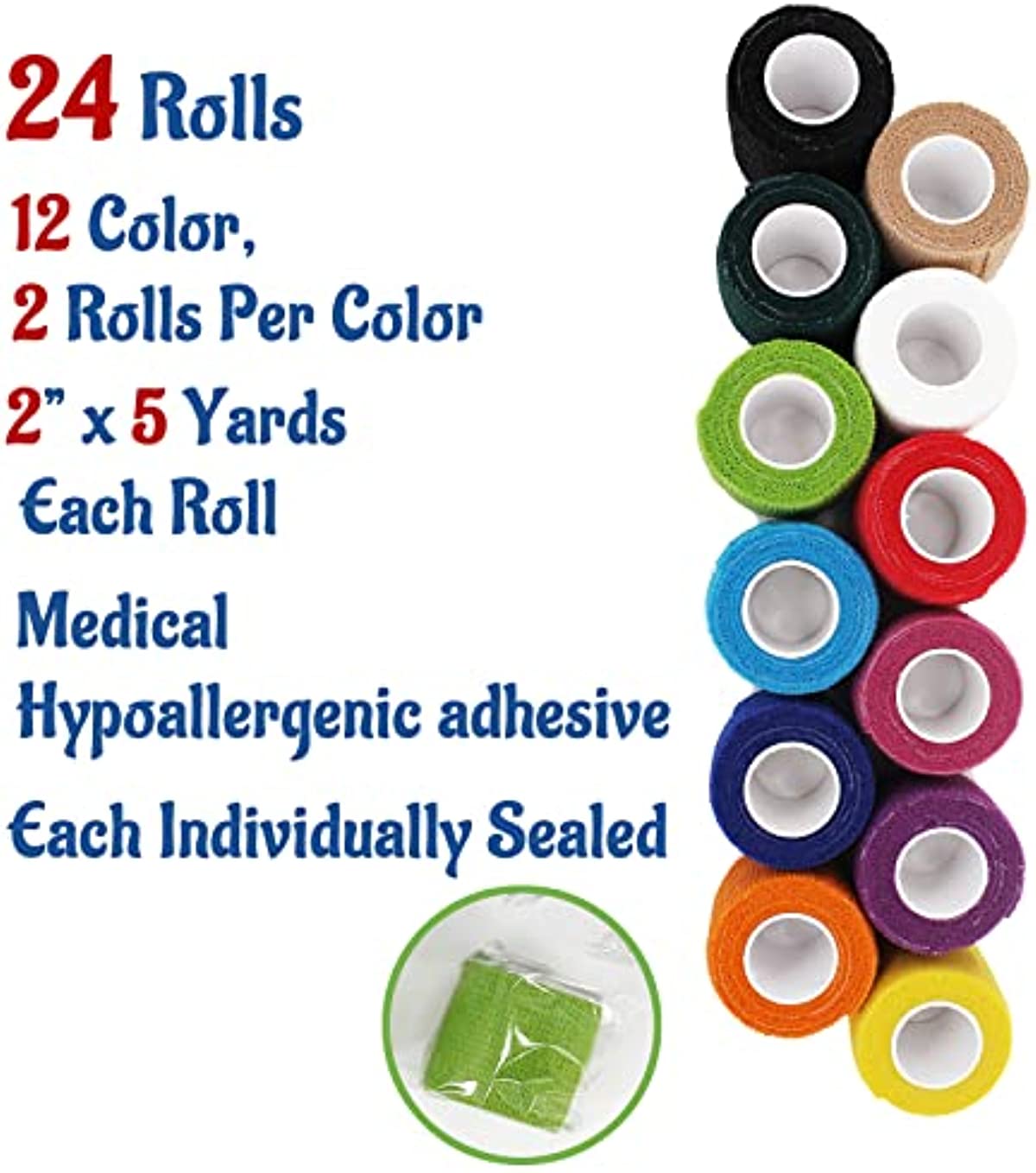 24 Pack 2” x 5 Yards Self Adhesive Bandage Wrap Athletic Elastic Breathable Cohesive Bandage Wrap Rolls for Stretch, Sports, First Aid, Wrist, Ankle Sprains, Swelling, and Vet Wrap(Rainbow)