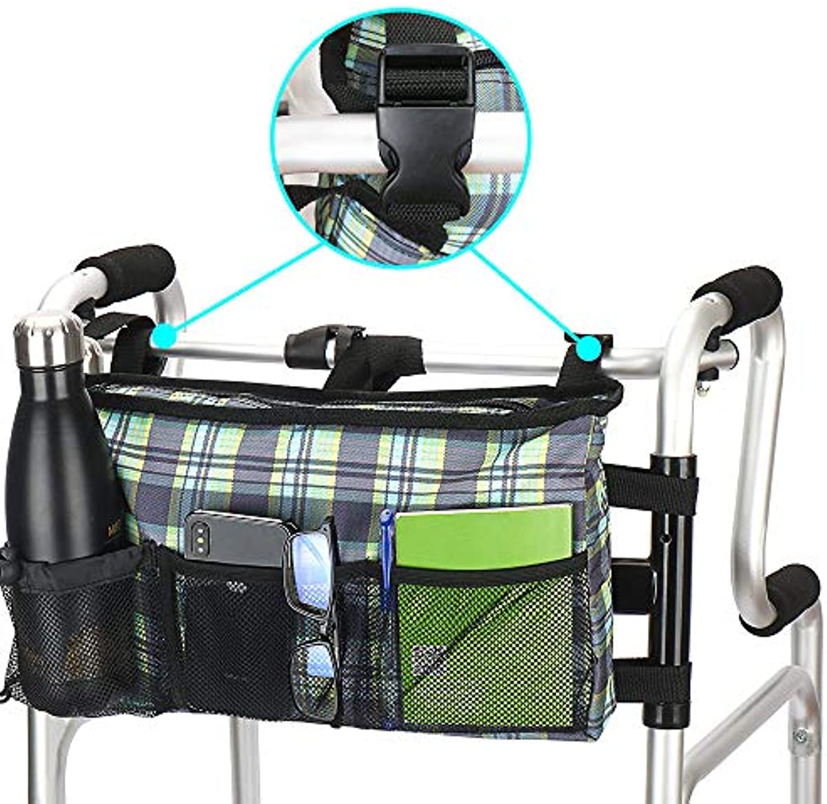 Walker Bag - Water Resistant Pouch Basket Tote Walker Organizer with 6 Pockets for Rollator and Folding Walker, Wheelchairs,Bariatric Walkers (Plaid Blue)