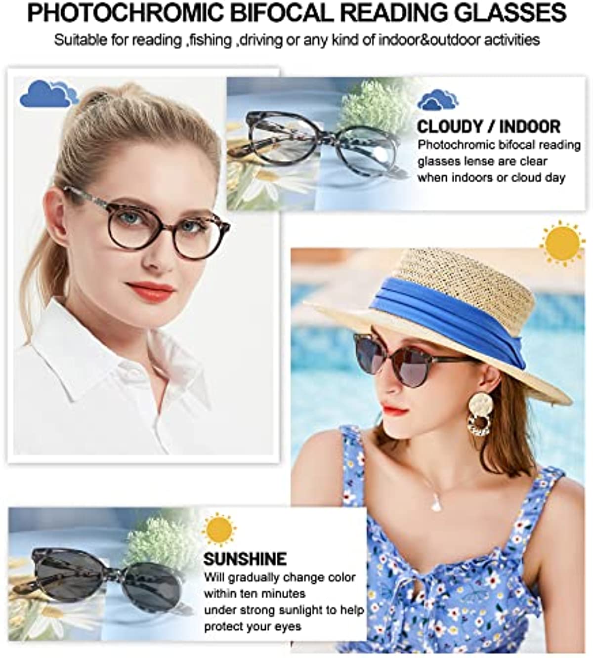OCCI CHIARI Photochromic Bifocal Reading Glasses Womens Blue Light Blocking Readers(1.0 1.5 2.0 2.5 3.0 3.5 4.0)