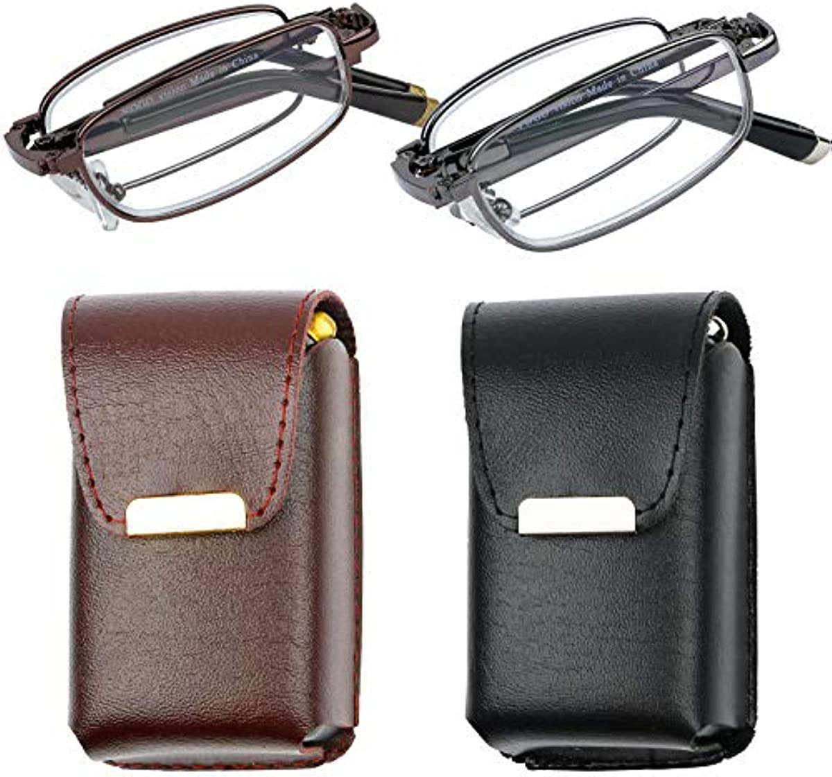 Reading Glasses Set of 2 Fashion Folding Readers with Leather Cases Glasses for Reading for Men and Women