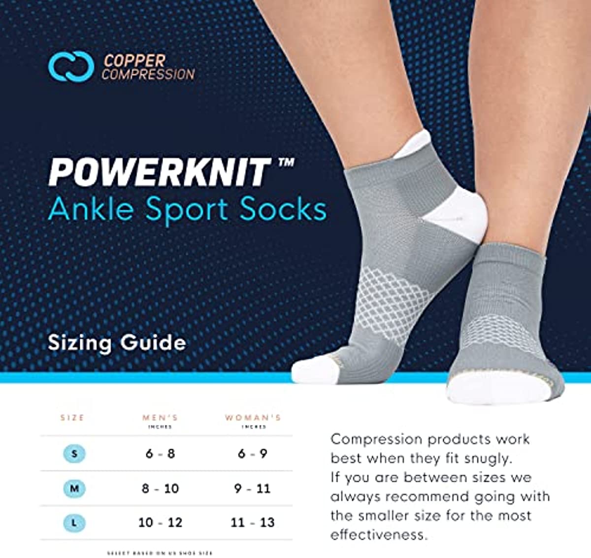 Copper Compression Socks Women & Men PowerKnit Ankle Sport Sock - 3 Pairs