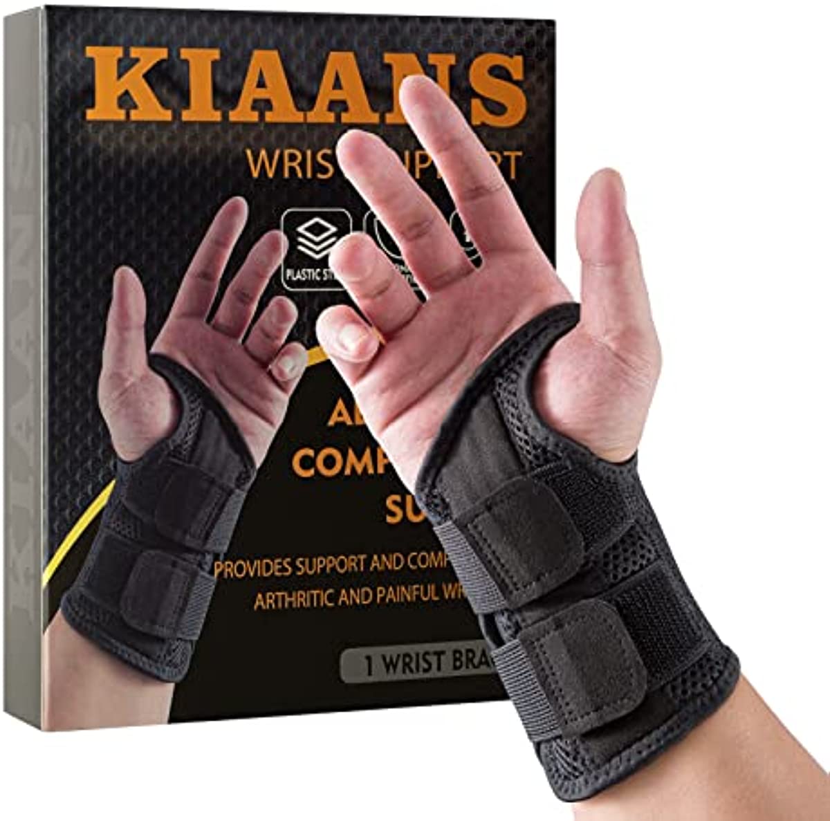 KIAANS Wrist Brace Carpal Tunnel Adjustable Wrist Support for Men Women Right Left Hand Brace for Tendonitis, Arthritis, Sprains (Right Hand-Black, S/M)
