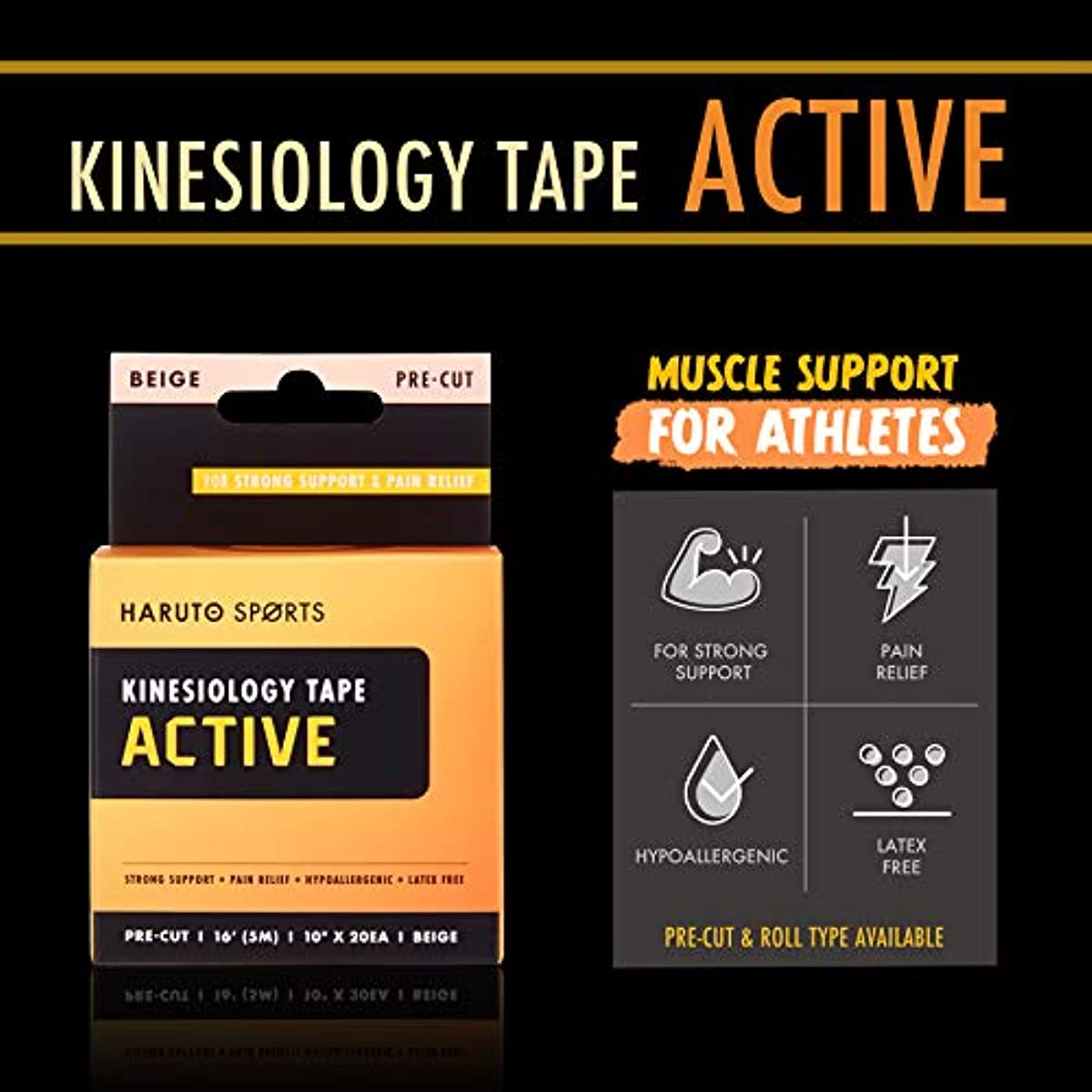 HARUTO Kinesiology Sports Tape, for Pain Relief Strong Support, Therapeutic Tape Physio for Athletic Sports Recovery, 20 Precut 10” Strips (Active Black for Sports Enthusiasts)