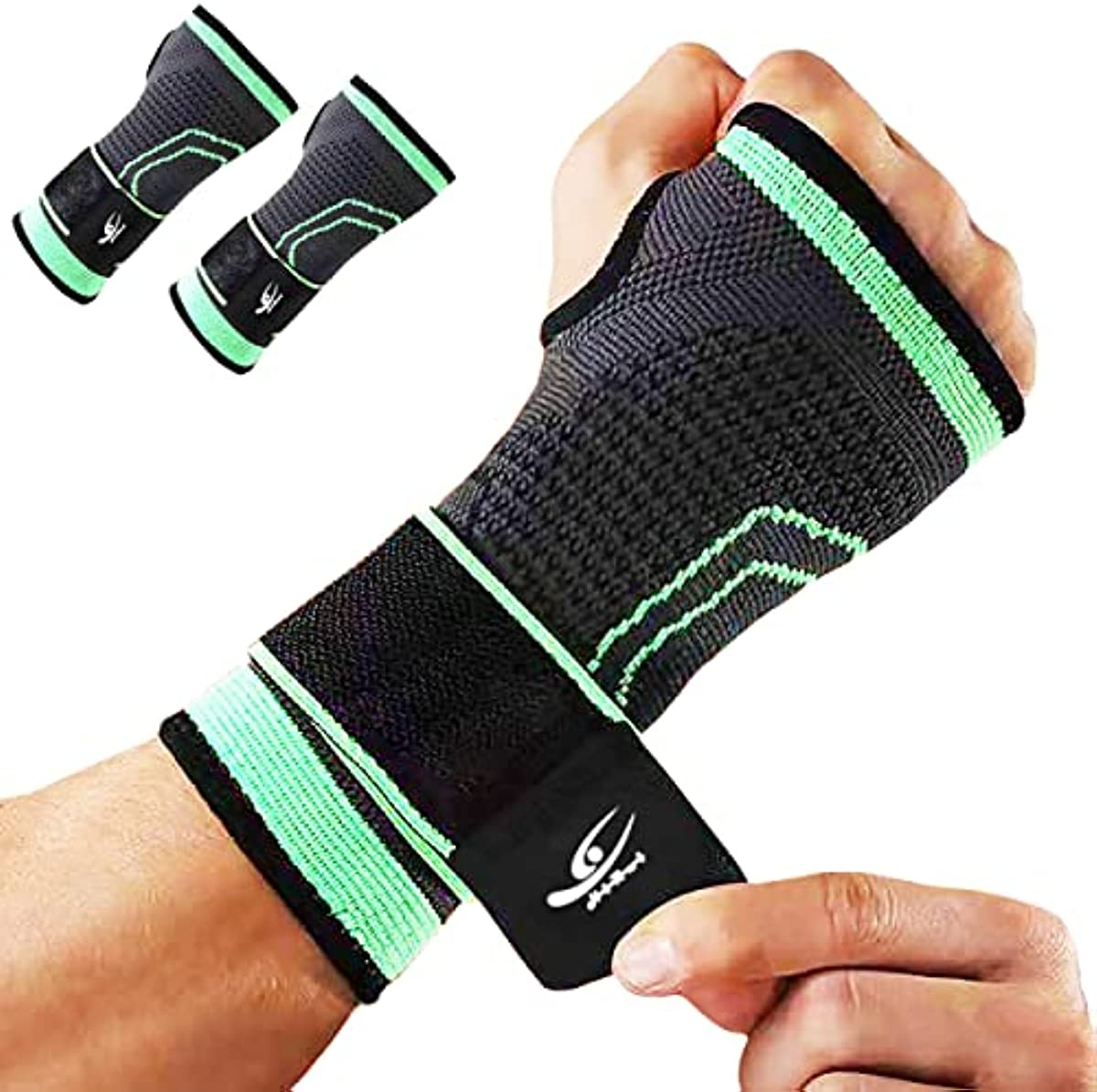 HiRui 2-Pack Wrist Brace Wrist Wrap, Wrist Strap Hand Compression Sleeves Support for Fitness Weightlifting MTB Tendonitis Sprains Recovery, Carpal Tunnel Arthritis, Pain Relief (Green, Medium)
