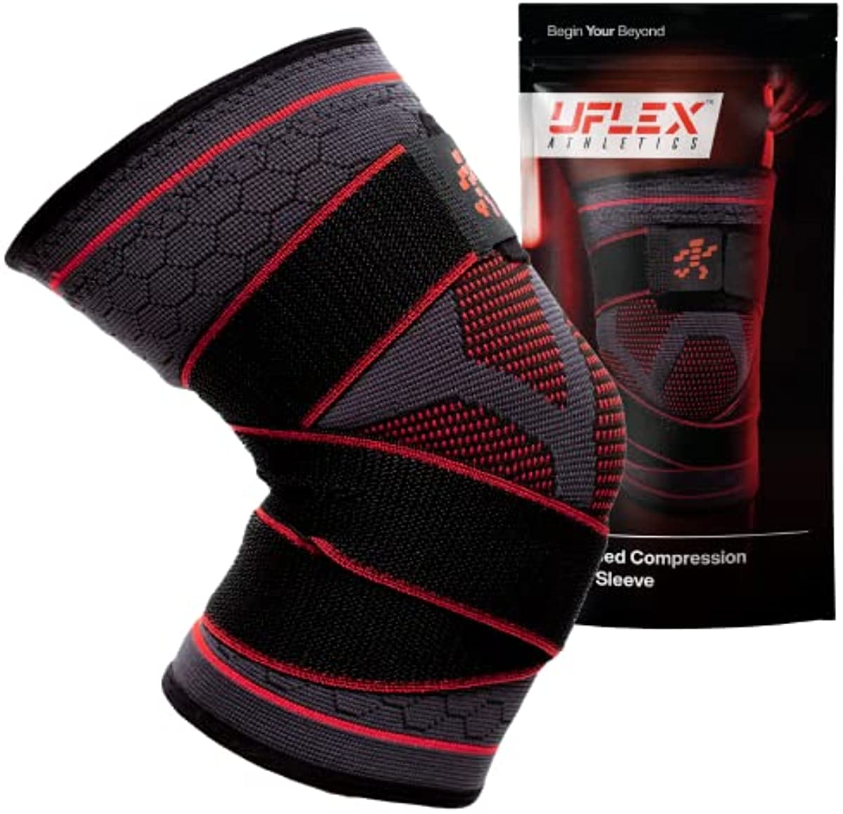 UFlex Knee Brace Compression Sleeve with Straps, Non Slip Running and Sports Support Braces for Men and Women, Sports Safety in Basketball, Tennis - Pain & Discomfort Related to Meniscus Tear (Medium, 2 Pack)