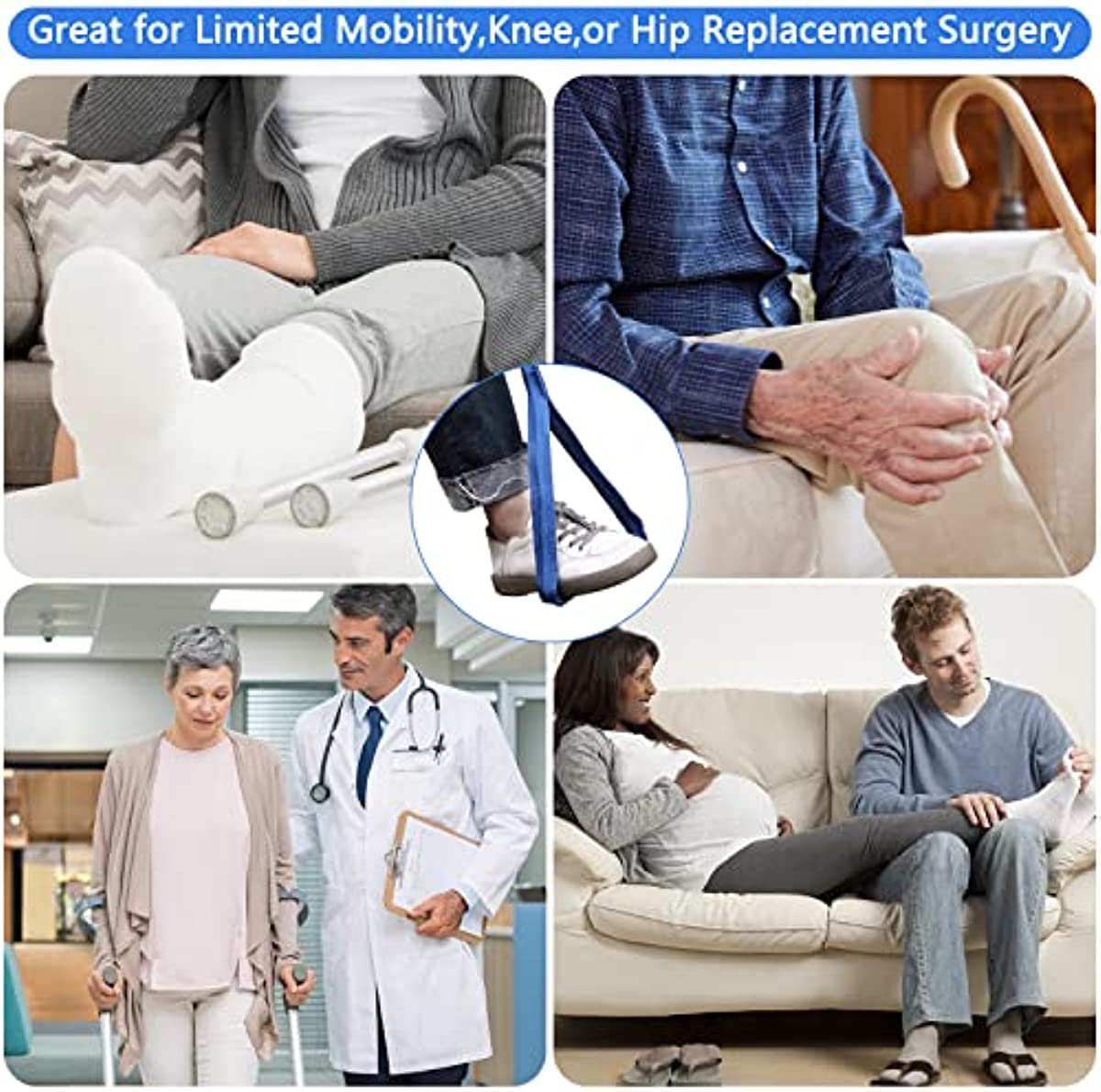 42“ Long Leg Lifter Assist,Large Rigid Foot Loop &Sturdy Multiple Handles for Limited Mobility, Knee, or Hip Replacement Surgery (Blue)