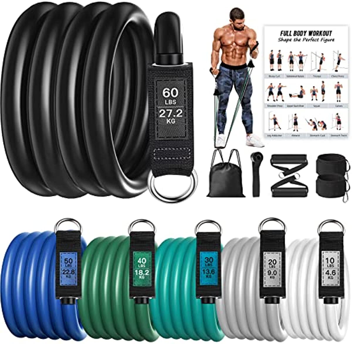 Resistance Bands for Working Out, NITEEN Heavy Resistance Bands with Handles Multi-Weight Men Exercise Bands Set Fitness Workout with Door Anchor and Ankle Straps Strength Training Equipment