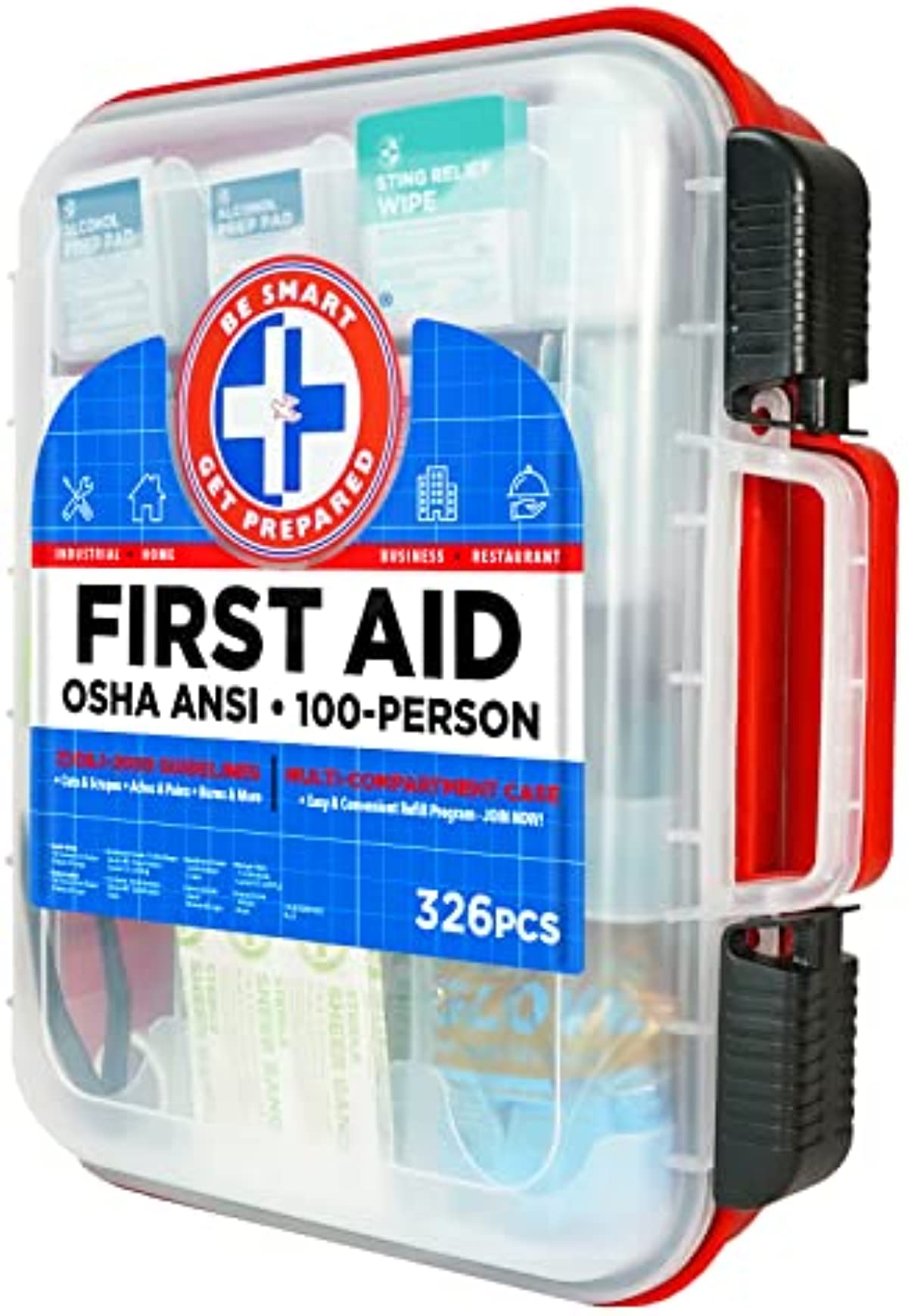 First Aid Kit Hard Red Case 326 Pieces Exceeds OSHA and ANSI Guidelines 100 People - Office, Home, Car, School, Emergency, Survival, Camping, Hunting and Sports