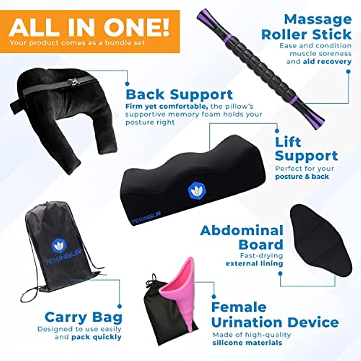 TEKINGUR BBL Pillow After Surgery for Butt & Back Support Cushion - BBL Post Surgery Supplies with Abdominal Board, Massage Stick, Urination Device and Carrier Bag for Maximum Sitting Comfort