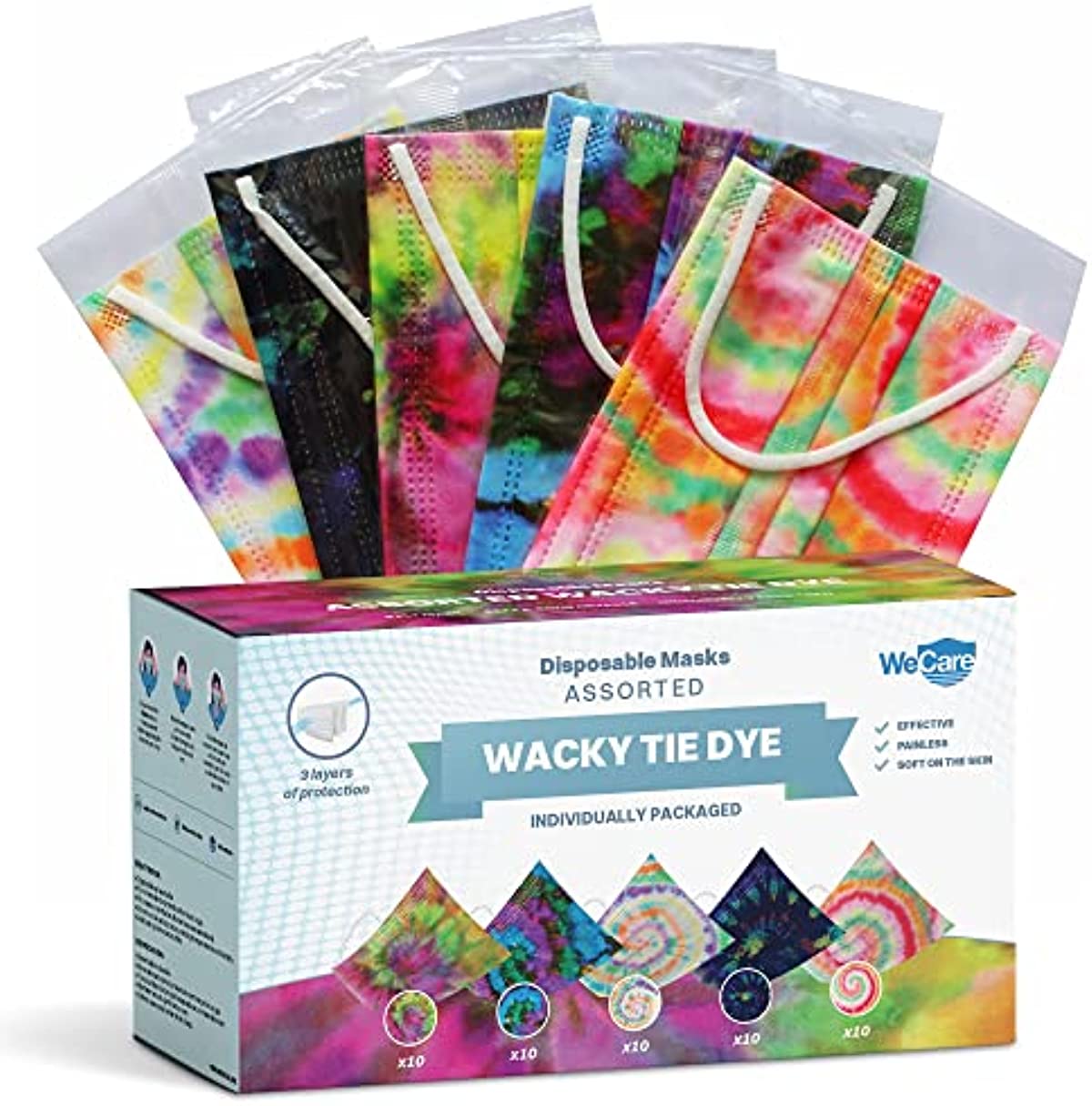 WECARE Disposable Face Mask Individually Wrapped - 50 Pack, Assorted Wacky Tie Dye Masks - 3 Ply