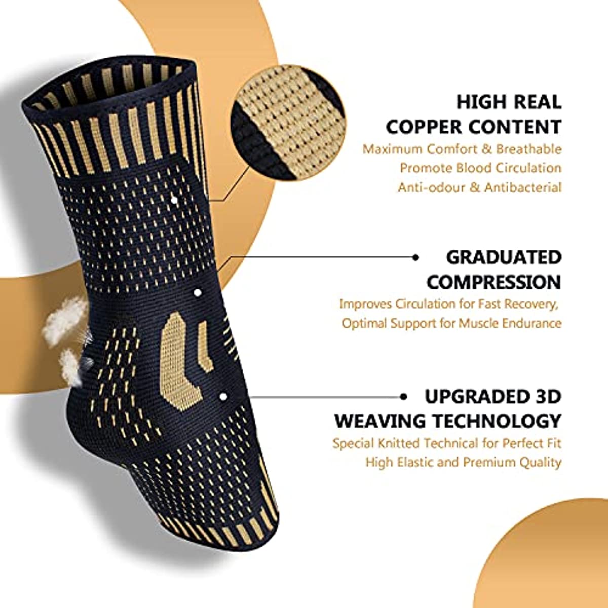 Copper Ankle Brace Support for Men & Women (Pair), Best Ankle Compression Sleeve Socks for Plantar Fasciitis, Sprained Ankle, Achilles Tendon, Pain Relief, Recovery, Sports