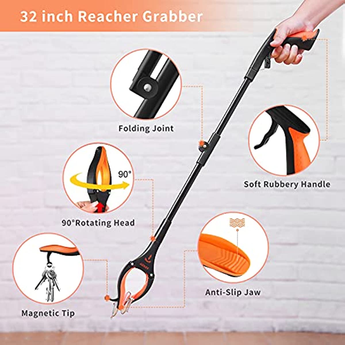 7 In 1 Hip Knee Back Replacement Recovery Kit With 32\" Grabber Reacher Tool, Slick Sock Aid, Sturdy Long Shoe Horn & Dressing Stick, Leg Lifter, Bath Sponge, Storage Bag