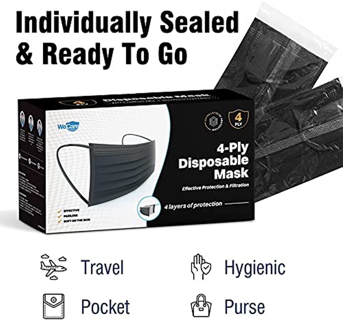 WECARE Disposable Face Mask Individually Wrapped - 50 Pack, Black 4 Ply Masks