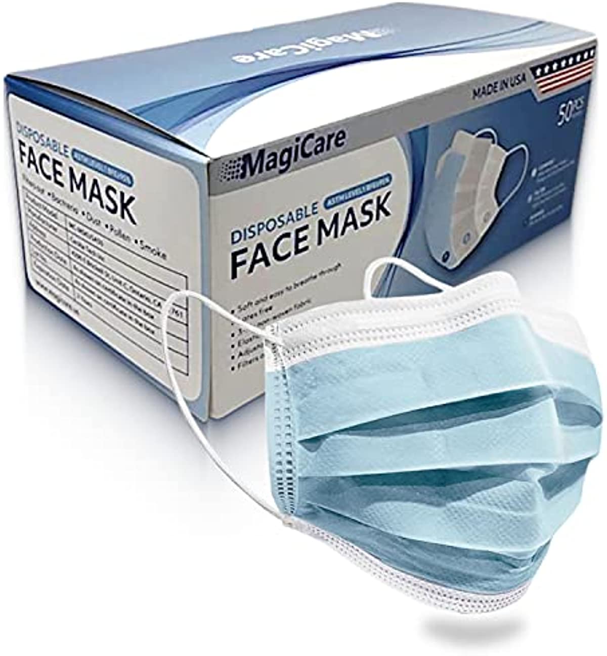 MagiCare Made in USA Masks - Blue Disposable Face Masks - Medical Grade (ASTM Level 1) - Premium 3 Ply Face Masks Disposable Made In USA - Comfortable, Soft, Breathable Face Mask for Adults - Face Mask American Made, 50ct Box