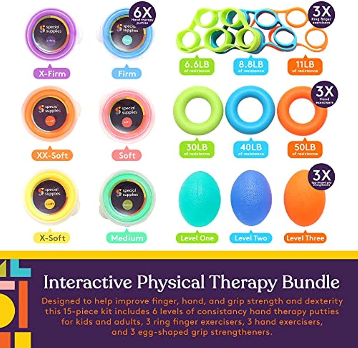 Special Supplies Physical Therapy Putty Kit, Finger Exercisers, and Hand Strengtheners, 15 Pc. Set, Improve Grip Strength, Dexterity and Mobility, Supports Injury and Recovery Stress Relief