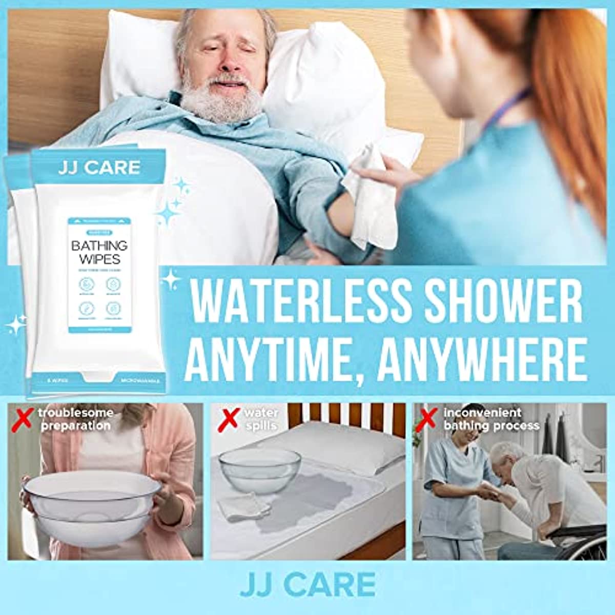 JJ CARE Bathing Wipes Pack of 10 (8 wipes per pouch), Body Wipes for Adults Bathing, Bath Wipes for Adults No Rinse Needed, Shower Wipes for the Elderly, Bath Wipes for Adults
