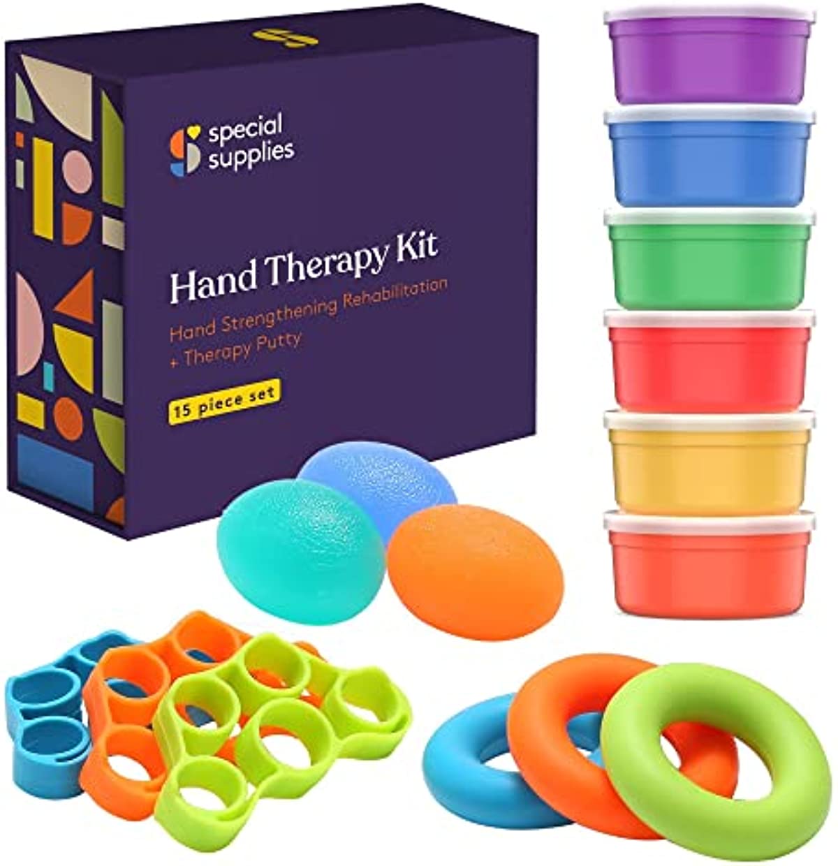 Special Supplies Physical Therapy Putty Kit, Finger Exercisers, and Hand Strengtheners, 15 Pc. Set, Improve Grip Strength, Dexterity and Mobility, Supports Injury and Recovery Stress Relief