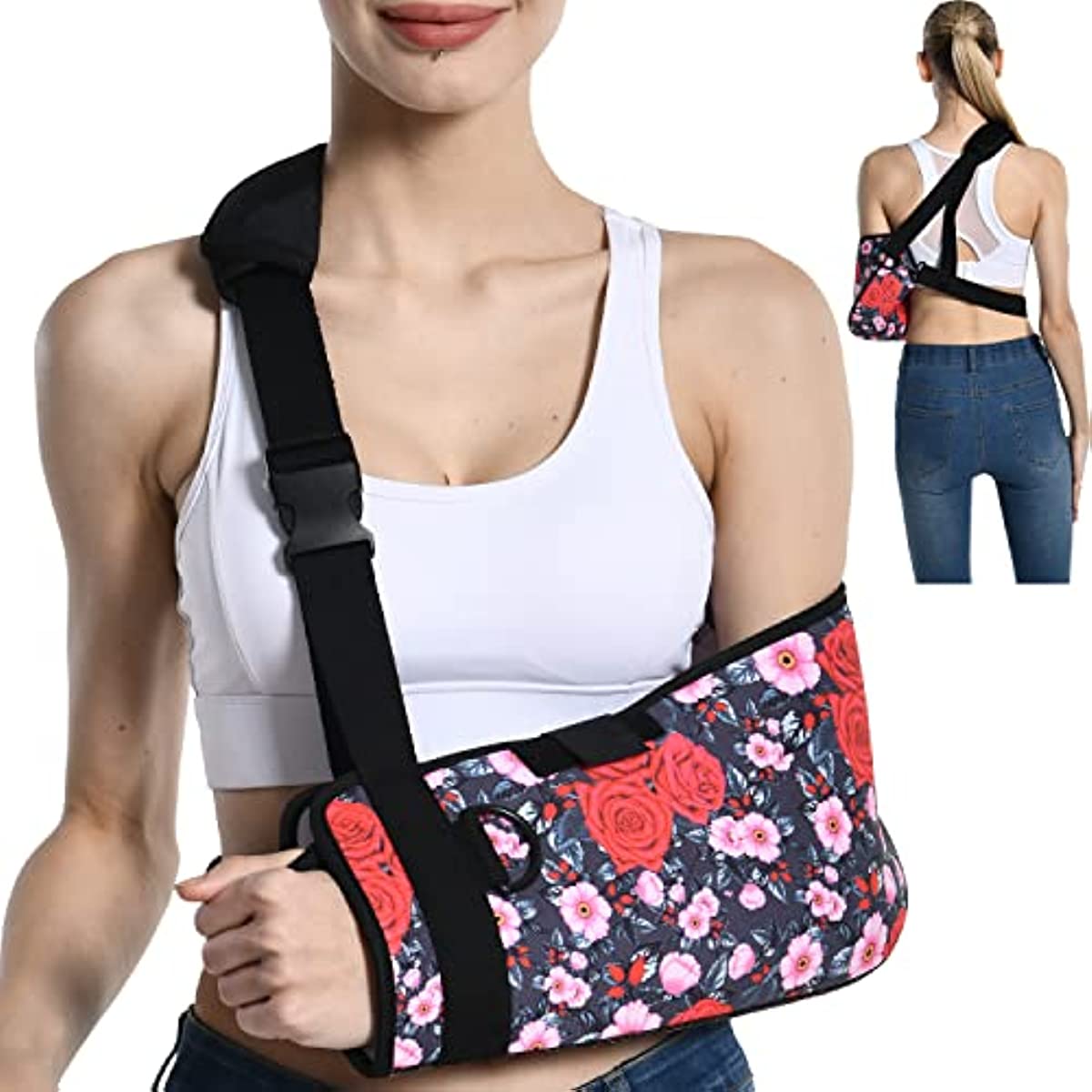 Fotgok Soft Foam Arm Sling with Waist Belt for Shoulder Women-Shoulder Immobilizer with Strong Support-Breathable Arm Support Brace for Shoulder Injury,Red Rose