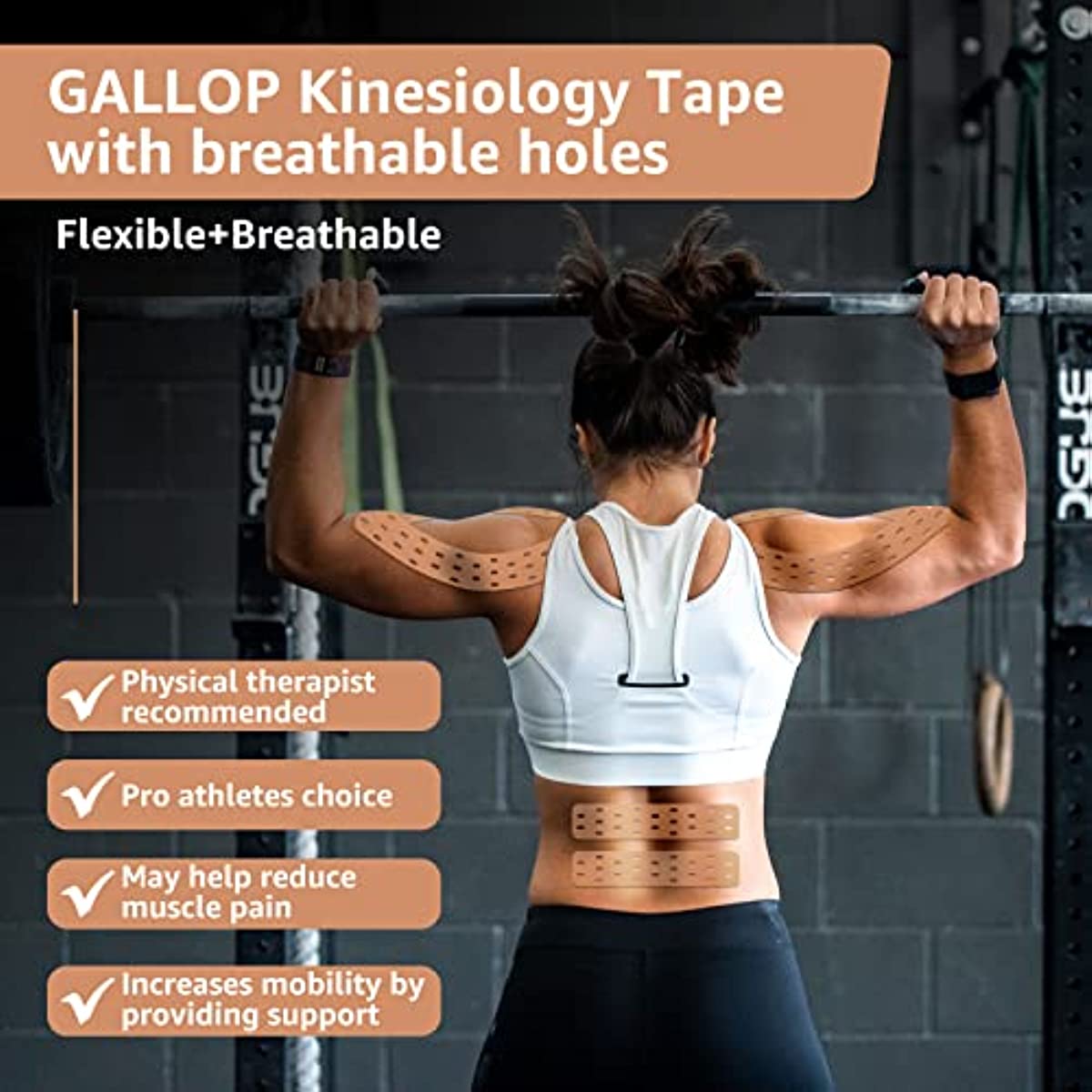 GALLOP Kinesiology Tape with Breathable Holes, Water Resistant, Sports Recovery & Support Tape for Joint,Uncut 2 inch x 16.4 feet Roll
