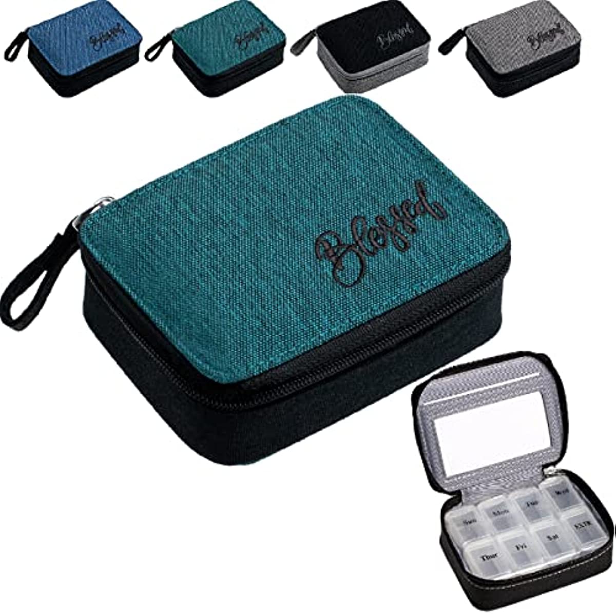 Pill Organizer Case, Pocket Weekly Personal Box for Vitamin and Supplement Holder, 7-Day Travel Canvas Portable Zipper Cloth Medicine Carrying Bag with Compartments for Men