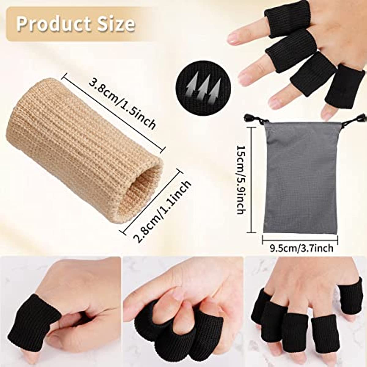 30 Pieces Finger Sleeves,Elastic Compression Protector with 1 Storage Bag,Finger Compression Sleeves,Elastic Thumb Sleeve,Finger Protector Sleeve for Relieving Pain Sports(Black + Beige)