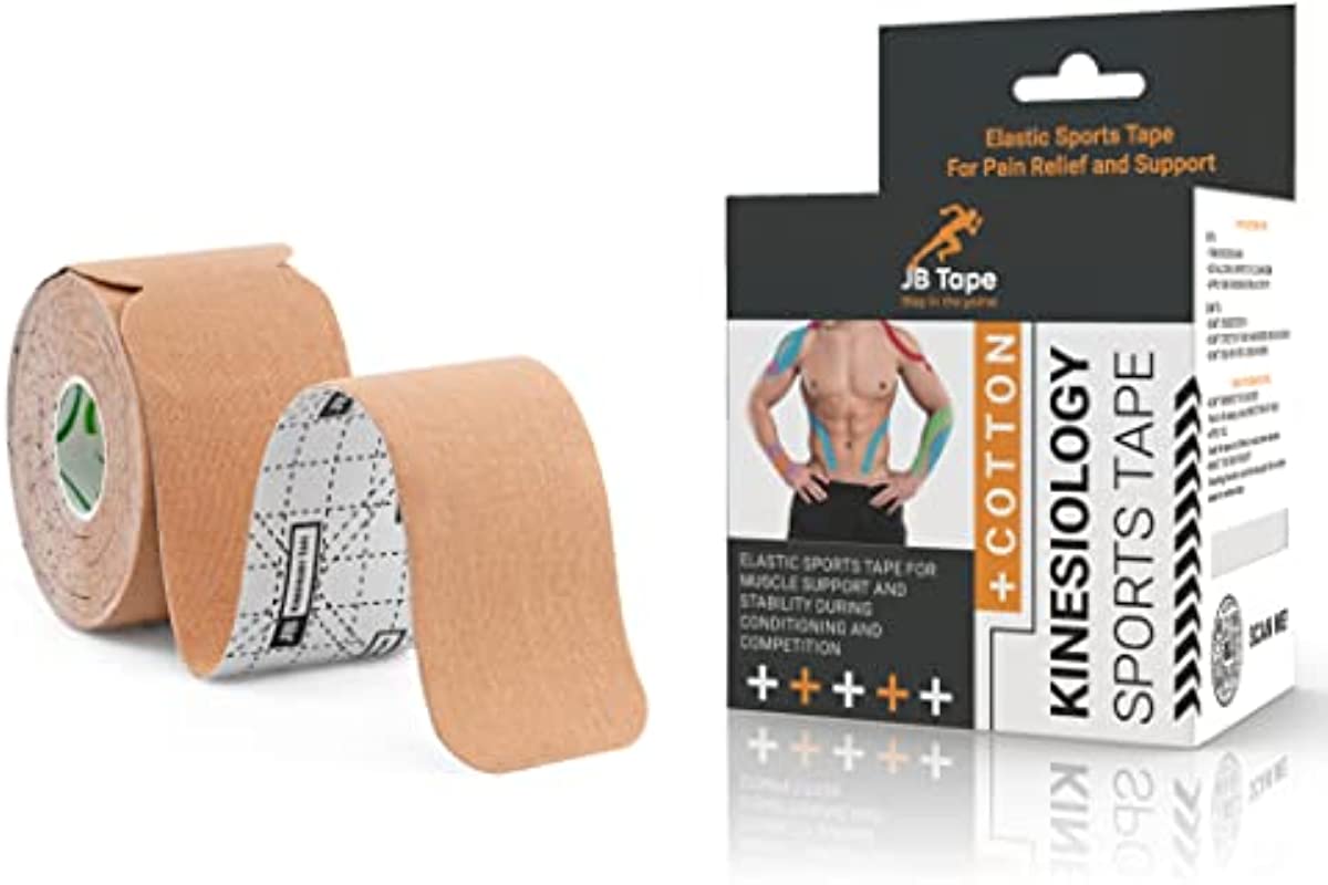 JB PreCut Kinesiology Tape 4 Rolls - Water Resistant, Sports Recovery & Support Tape for Joint & Muscle Pain, Latex Free Athletic Body Tape. Includes Scissors & Manual. (Beige)