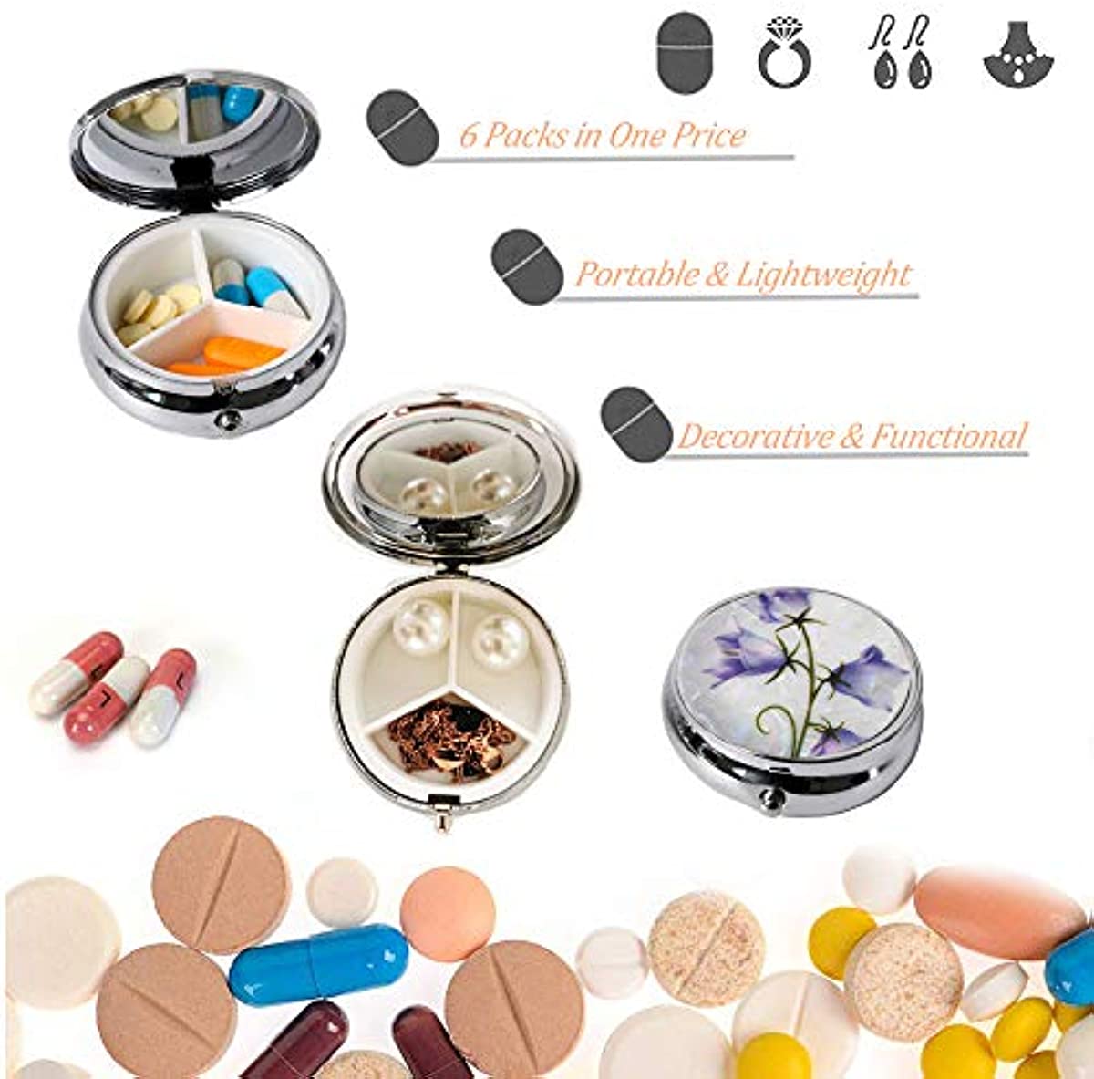 6Pcs Elegant Pill Box Case, CREATIEE-PRO Portable Medicine Tablet Vitamin Holder Organizer with 3 Component for Purse Pocket Travel Gift - Practical & Fashionable(6 Patterns, 1.6Inches)
