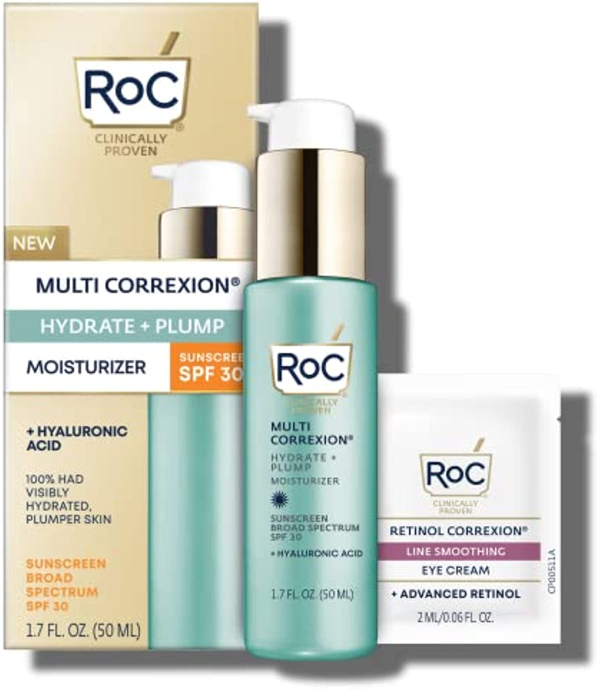 RoC Multi Correxion 1.5{246eb326121925eae9f805b36f8f320049ce26047920ec7cef0eaf2a193828d9} Pure Hyaluronic Acid Anti Aging Daily Face Moisturizer with Broad Spectrum Sunscreen SPF 30 (1.7 oz) + Eye Cream Packette, Paraben-free Skin Care for Women & Men