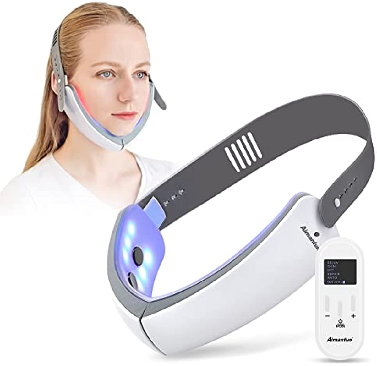 Aimanfun V-face with LCD Remote Control Sliming Facial Lifting Belt Red Blu-Ray Thin Double Chin and Portable Intelligent Firming Face Slimming Instrument