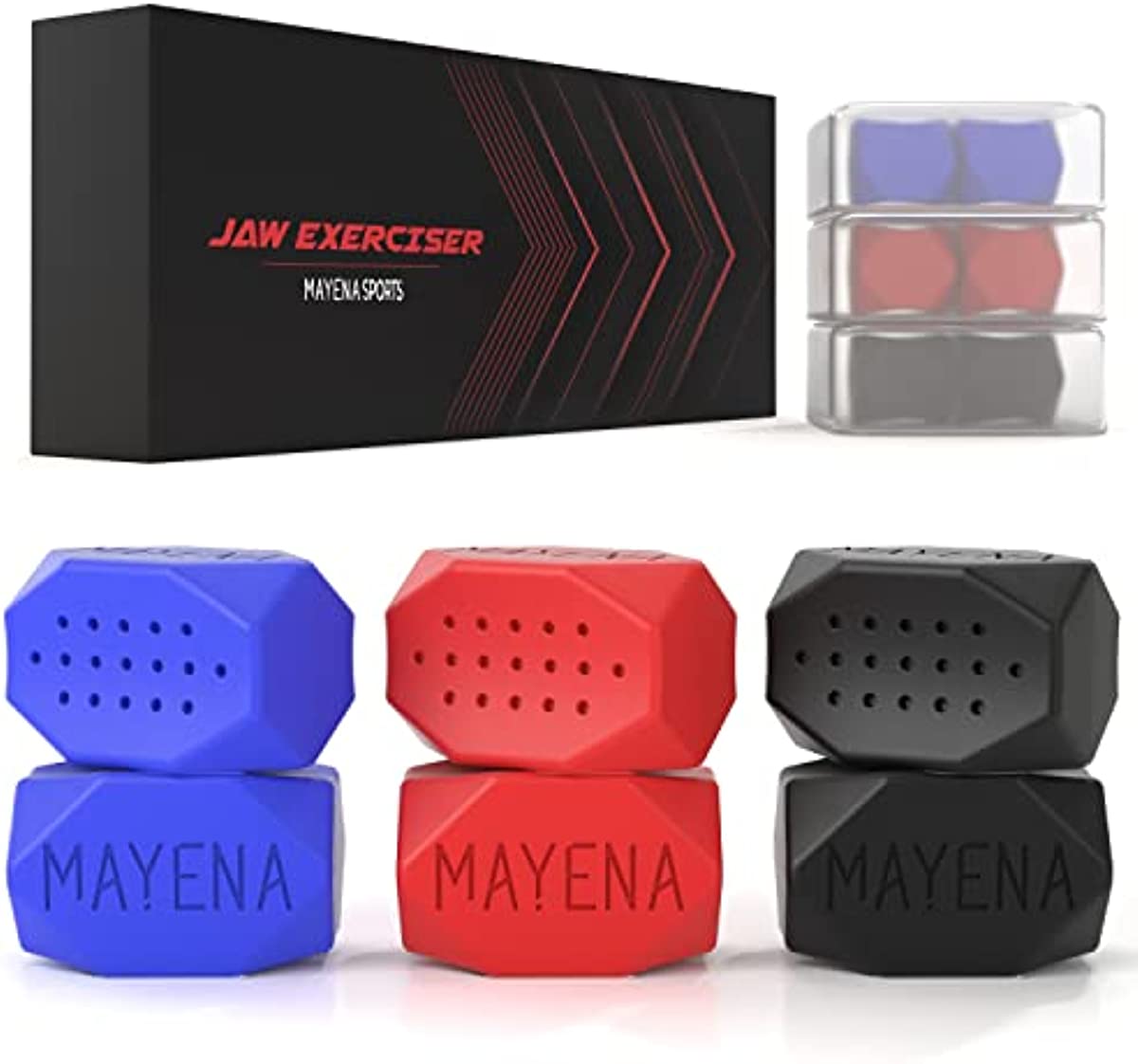 Mayena Sports Jawline Exerciser for Men & Women – 3 Resistance Levels (6 pcs) Silicone Jaw Exerciser Tablets – Powerful Jaw Trainer for Beginner, Intermediate & Advanced Users – Slims & Tones the Face