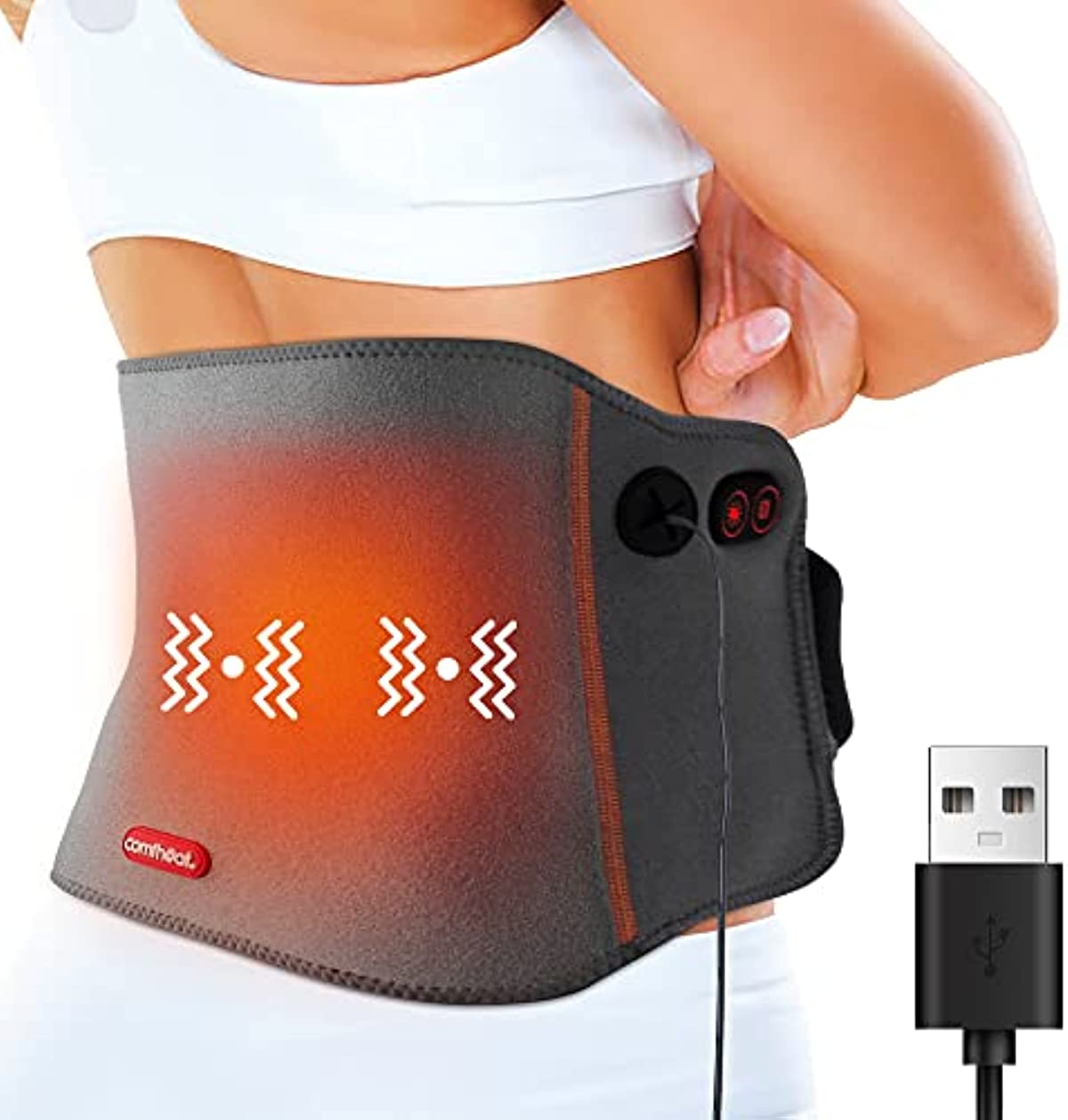 Comfheat USB Back Heating Pad with Massager, Heated Waist Massage Belt for Low Back Pain Relief Lumbar Spine, 3 Heat & Massage Levels, Auto Shut Off, Warm Therapy for Cramps, Abdominal(NO Power Bank)