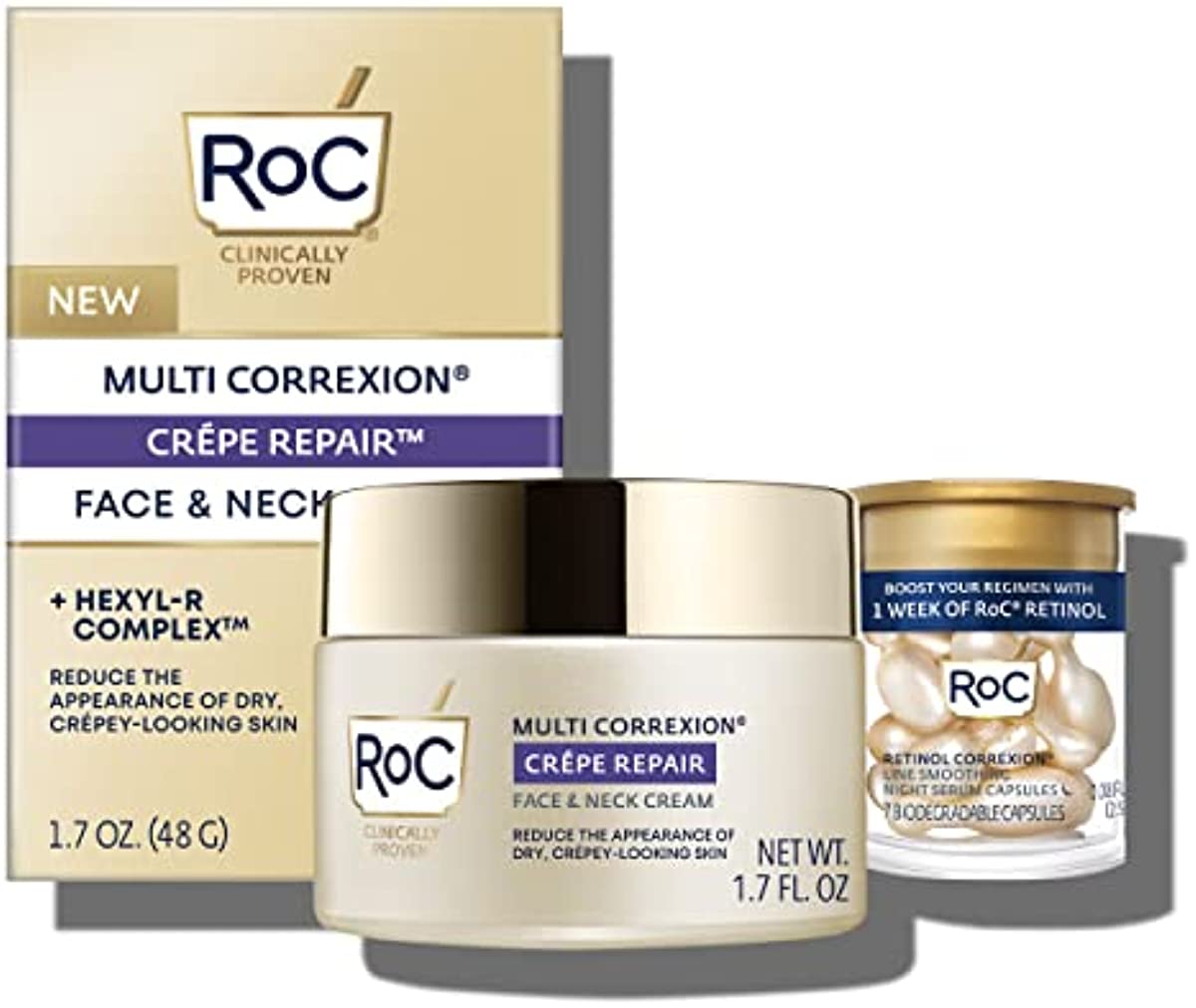 RoC Crepe Repair Anti Aging Daily Face Moisturizer & Neck Firming Cream (1.7 oz) Retinol Wrinkle Smoothing Capsules (7 CT), Skin Care Treatment