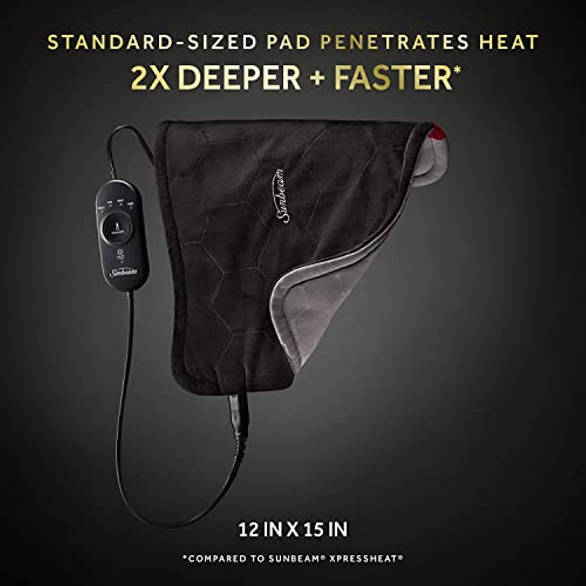 Sunbeam Heating Pad for Back, Neck, Legs and Shoulder Pain Relief with AdvancedHeat Technology and Auto Shut Off, 4 Heat Settings, 12 x 15\", Black