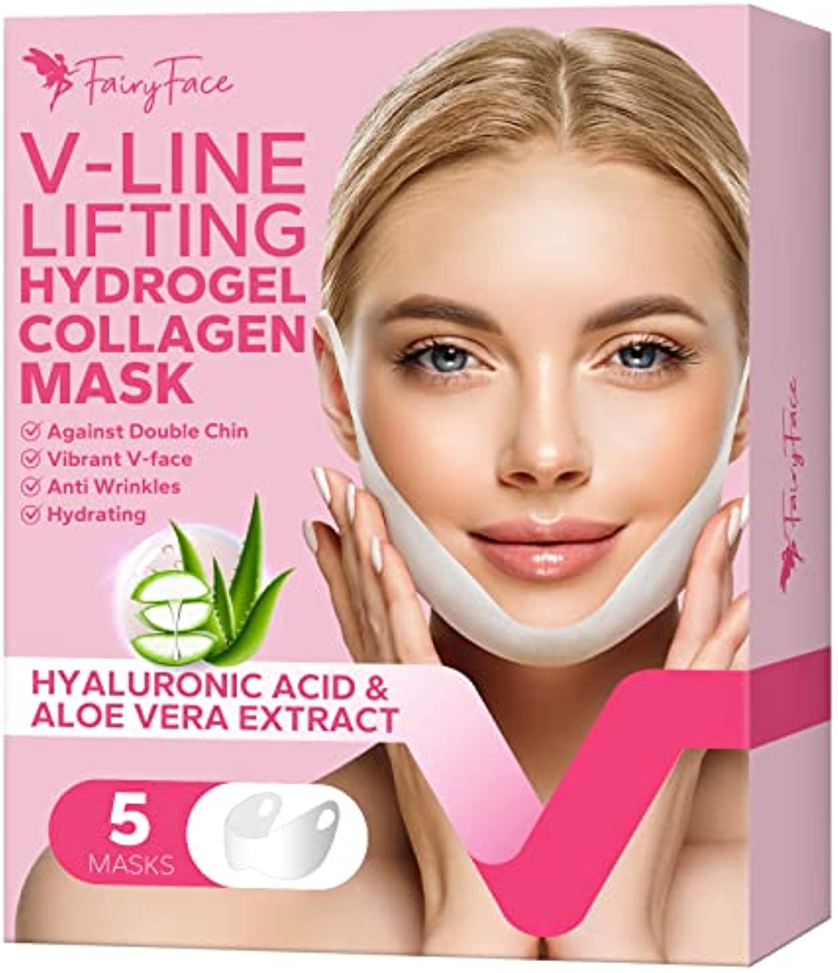 FairyFace V Line Shaping Face Masks (5 Count), Double Chin Reducer, Lifting Hydrogel Collagen Mask with Aloe Vera and Seaweed, Anti-Aging and Anti-Wrinkle Masks