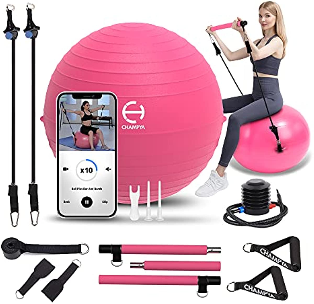 𝗖𝗛𝗔𝗠𝗣𝗬𝗔 𝗘𝘅𝗲𝗿𝗰𝗶𝘀𝗲 𝗕𝗮𝗹𝗹 for Working Out 65 cm - Yoga Ball Chair & Balance Ball for Pregnancy, Birthing Physical Therapy & Chair for Office - Stability Ball & Stainless Steel Pilates Bar for Workout